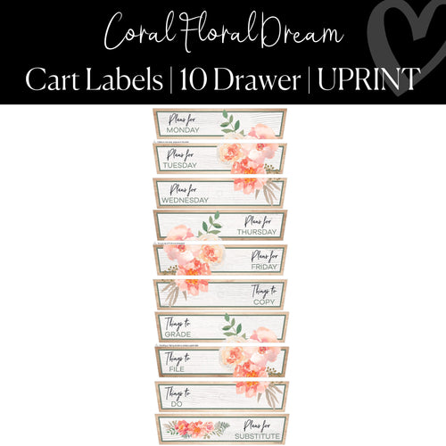 Printable and Editable 10 Drawer Rolling Cart Labels Classroom Decor Coral Floral Dream By UPRINT