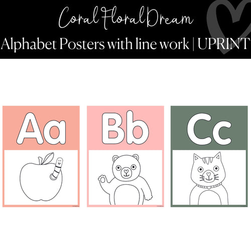 Printable Alphabet Poster with Line Work Classroom Decor Coral Floral Dream by UPRINT