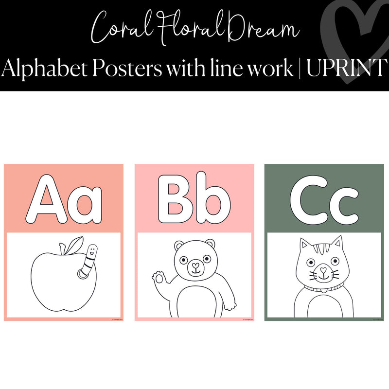Printable Alphabet Poster with Line Work Classroom Decor Coral Floral Dream by UPRINT