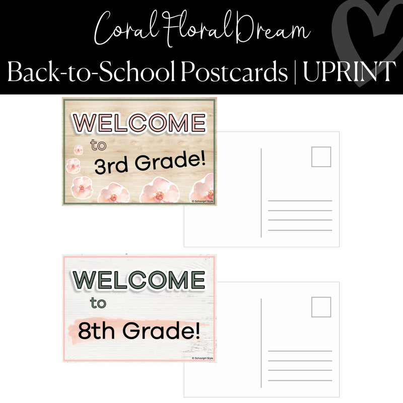 Printable Back to School Postcards Positive Classroom Decor Coral Floral Dream by UPRINT