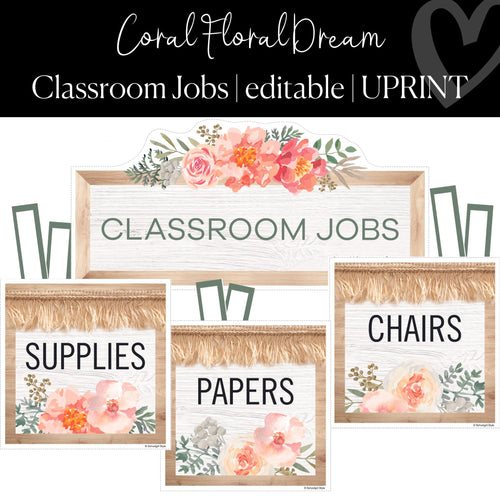 Printable Classroom Job Bulletin Board Set Coral Floral Dream by UPRINT