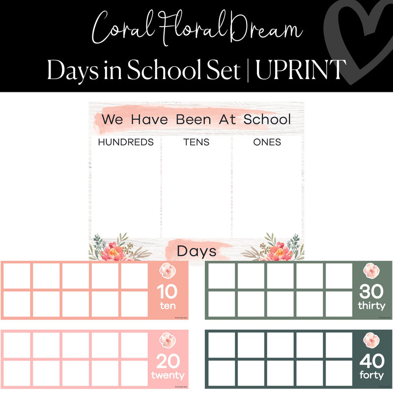 Printable Days in School Chart Classroom Decor Coral Floral Dream by UPRINT