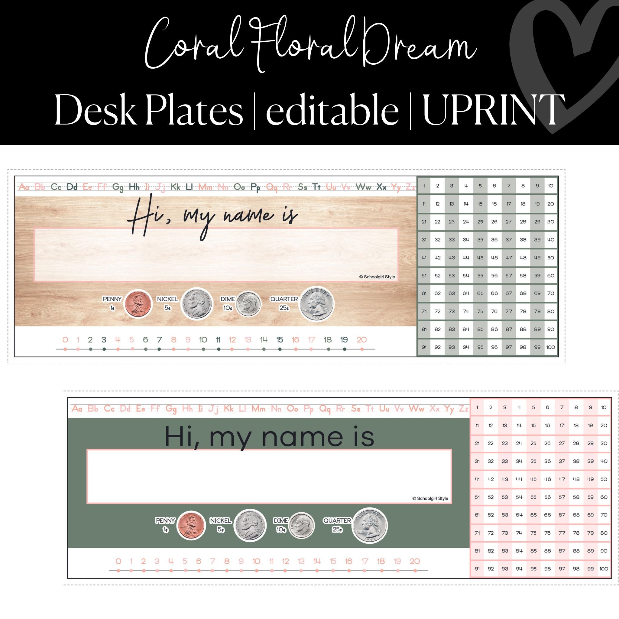 Printable and Editable Desk Plate | Coral Classroom Decor |Schoolgirl Style