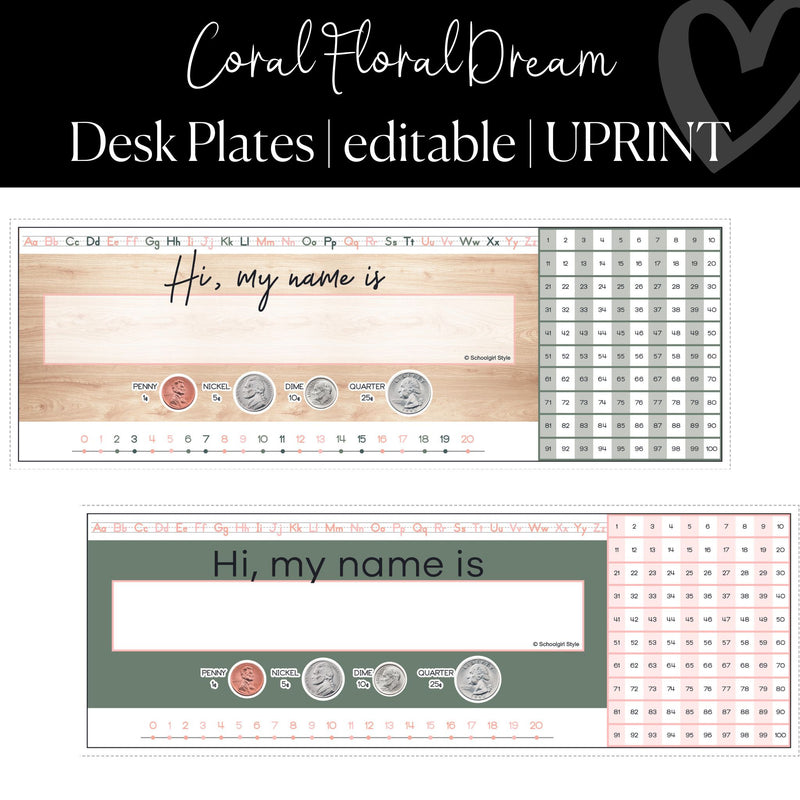 Printable and Editable Classroom Desk Plate Coral Floral Dream by UPRINT