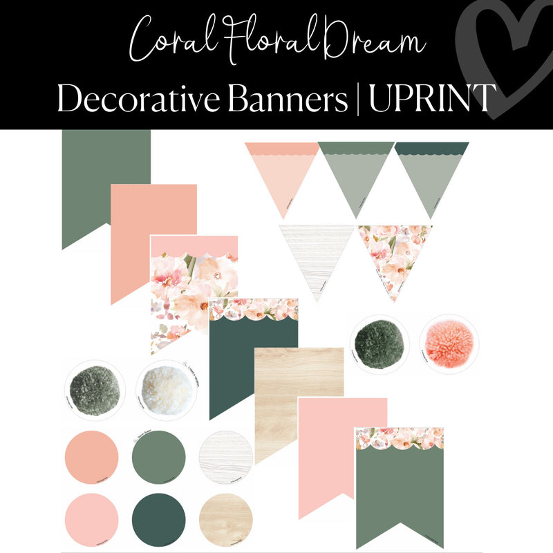 Printable Decorative Classroom Banners Classroom Decor Coral Floral Dream by UPRINT