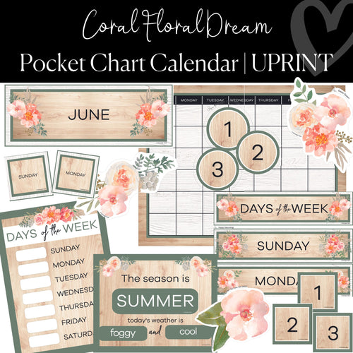 Printable Pocket Chart Calendar Classroom Decor Coral Floral Dream by UPRINT