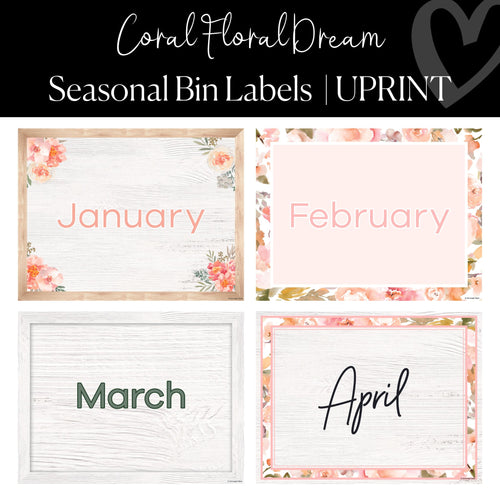 Printable Seasonal Bin Labels Classroom Decor Coral Floral Dream by UPRINT