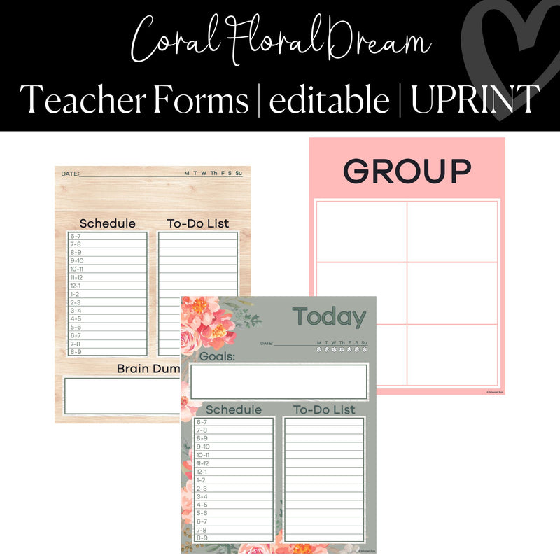 Printable and Editable Teacher Forms Classroom Decor Coral Floral Dream by UPRINT