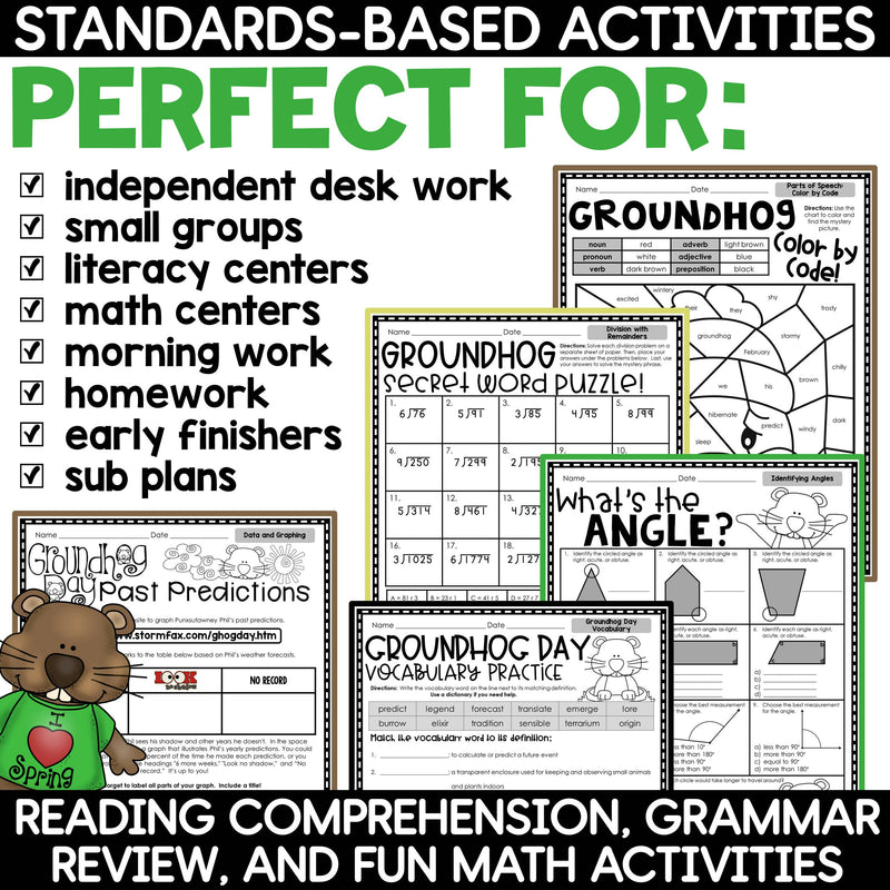 Groundhog Day Activities Math and Reading No Prep Packet and Worksheets
