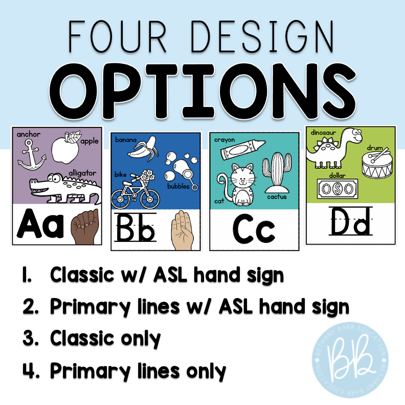 Alphabet Line Posters A-Z + ASL | Word Wall Bulletin Board | Rainbow Color Decor