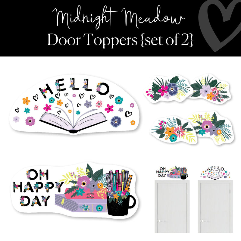 two door toppers with florals, books, flair pens and a mug in changes of lavender and pinks