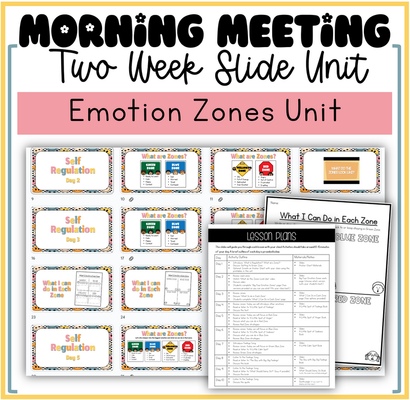 Morning Meeting Zones of Emotions and Regulation Skills Unit Slides and Printables Social Emotional Learning | Printable Classroom Resource | Mrs. Munch's Munchkins
