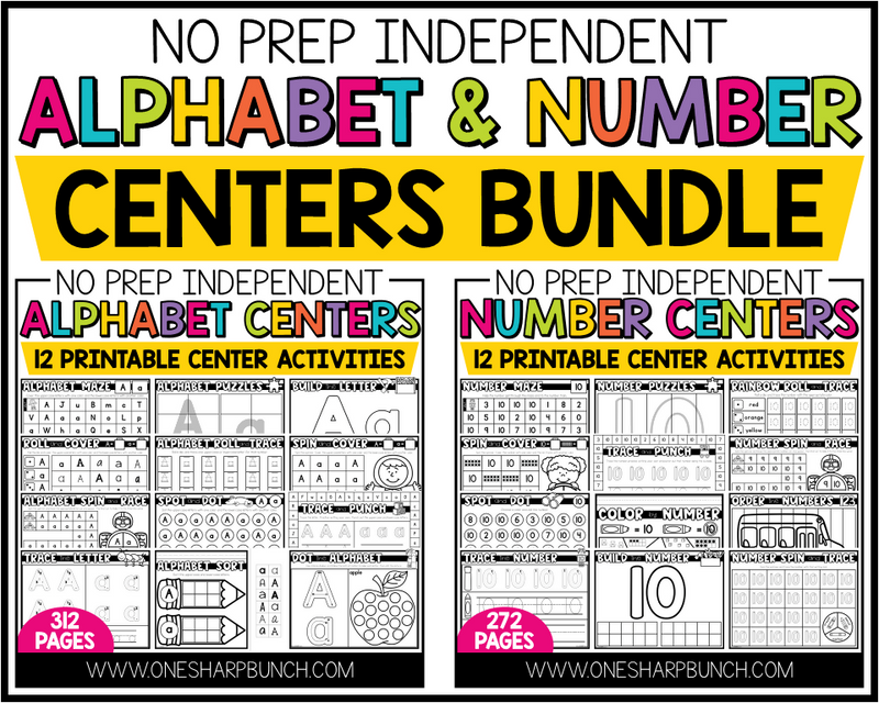 No Prep Independent Alphabet & Number Activities Bundle | Kindergarten Centers