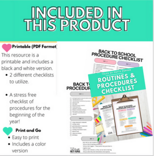 Back to School Procedures Checklist | Printable Classroom Resource | Tales of Patty Pepper