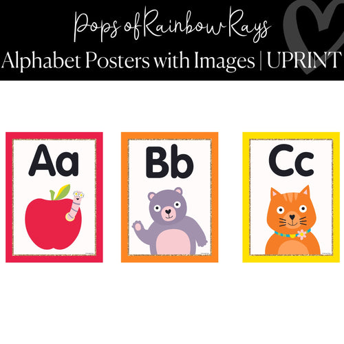 Printable Alphabet Poster with Images Classroom Decor Pops of Rainbow Rays by UPRINT