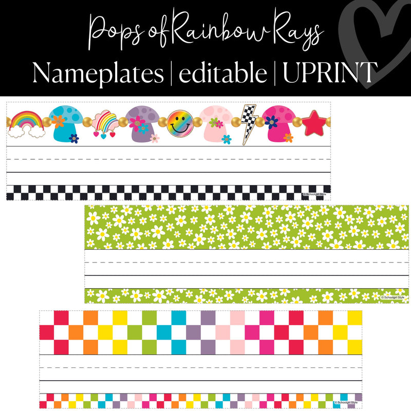 Printable and Editable Nameplates Classroom Decor Pops of Rainbow Rays by UPRINT