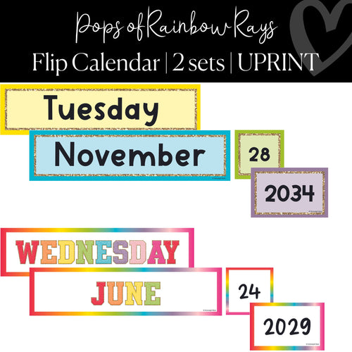 Printable Flip Calendar Classroom Decor Pops of Rainbow Rays by UPRINT