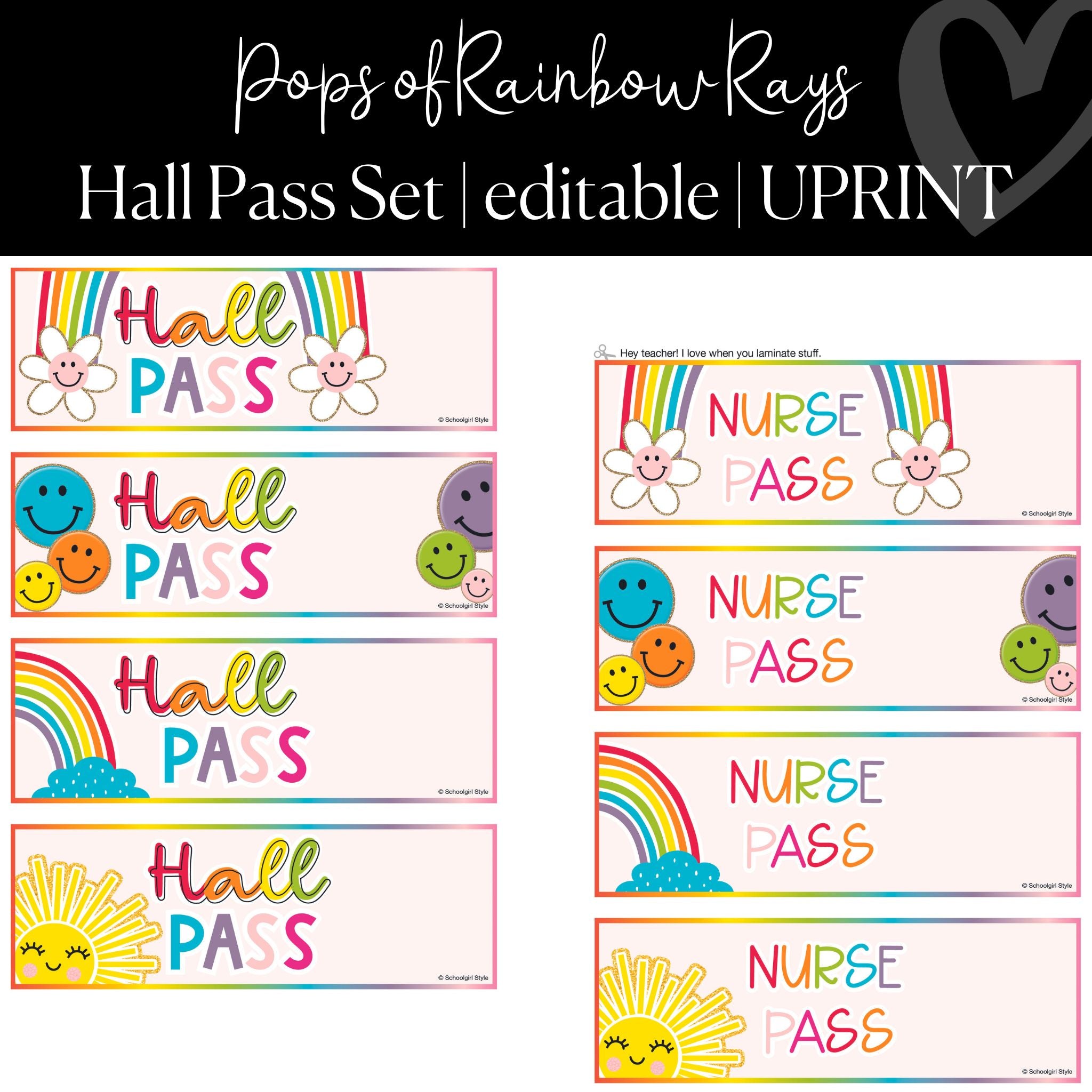 Printable and Editable Classroom Hall Passes Rainbow and Retro by UPRINT