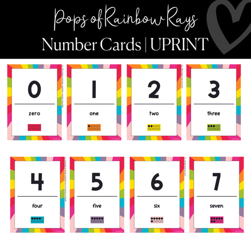 Printable Number Card Bulletin Board Set Classroom Decor Pops of Rainbow Rays by UPRINT
