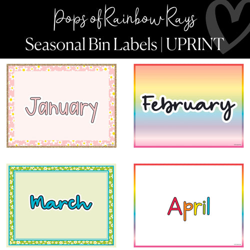 Printable Seasonal Bin Labels Classroom Decor Pops of Rainbow Rays by UPRINT