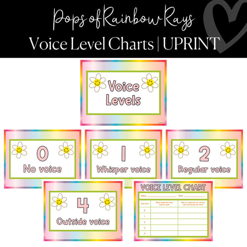 Printable Voice Level Poster Set Classroom Management Pops of Rainbow Rays by UPRINT