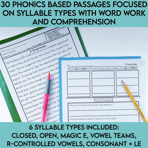 5th Grade Syllables Phonics Focused Review Reading Passages | 6 Syllable Types Worksheets