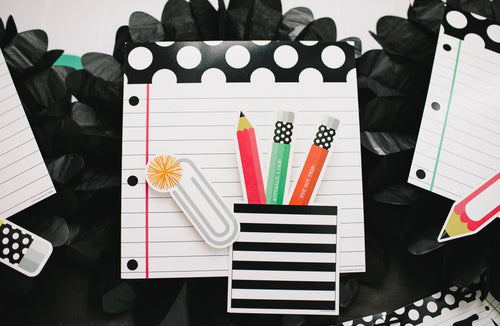 Notebook Paper and Pencils | Classroom Decor Cut-Outs | Black, White and Stylish Brights | Schoolgirl Style