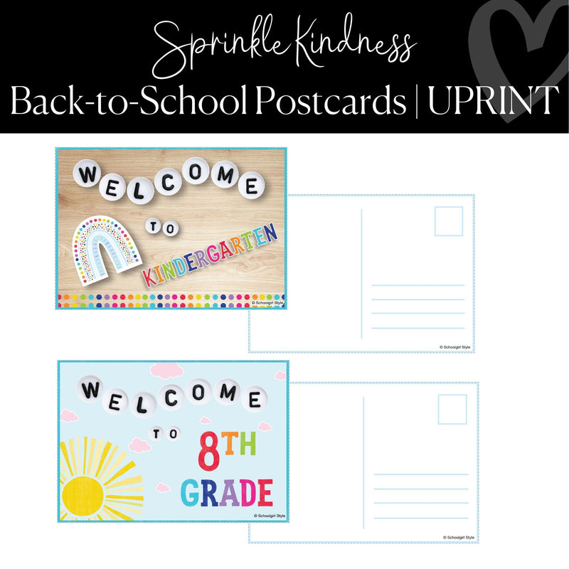 Printable Rainbow Back to School Postcards Classroom Community Sprinkle Kindness by UPRINT