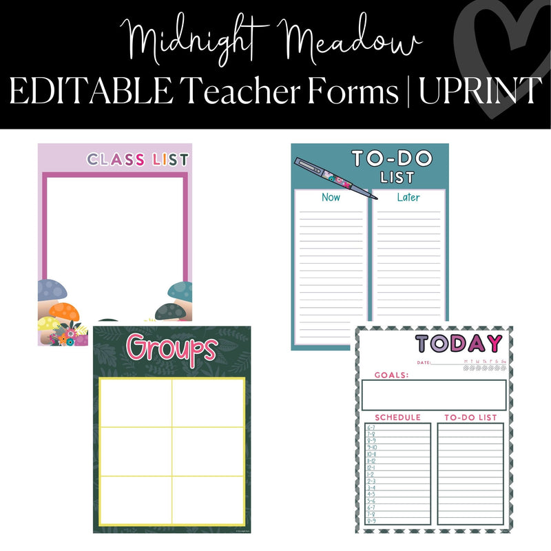 Printable and Editable Teacher Forms Classroom Decor Midnight Meadow by UPRINT