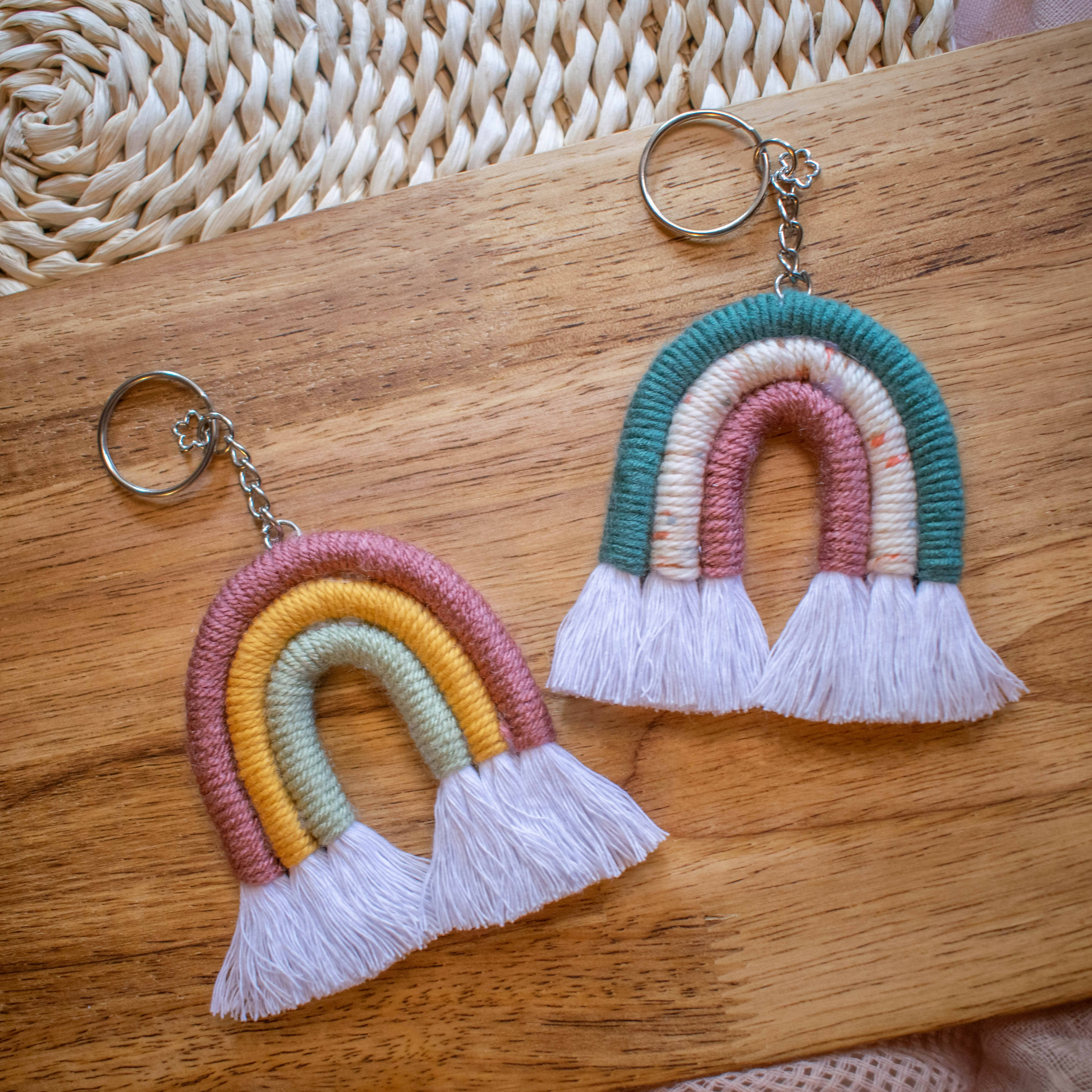 Macramé Rainbow Keychain | Teacher Keychains | Knots of Kindness | Hey, Teach! 1: Mauve, Mustard, Sage