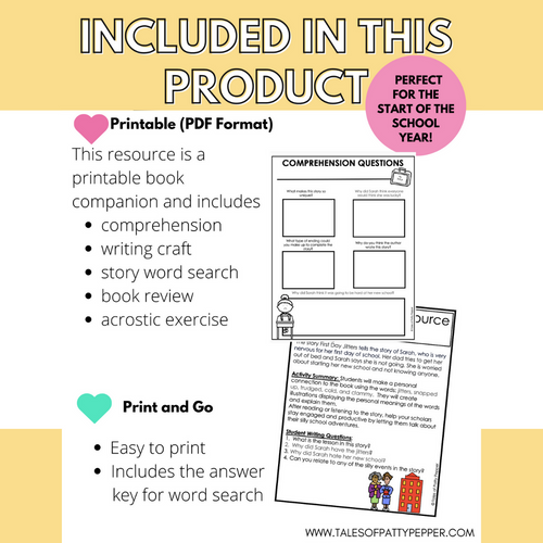 First Day Jitters Book Companion | Printable Classroom Resource | Tales of Patty Pepper
