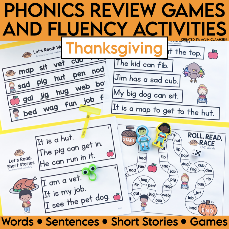 Thanksgiving　Decodable　Schoolgirl　and　Phonics　Games　Review　–　Fluency　Activities-　Sc　Style