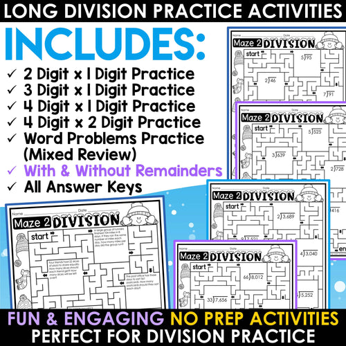 Winter Math Activities | Long Division Practice Worksheets | Division Math Mazes | Printable Teacher Resources | A Love of Teaching