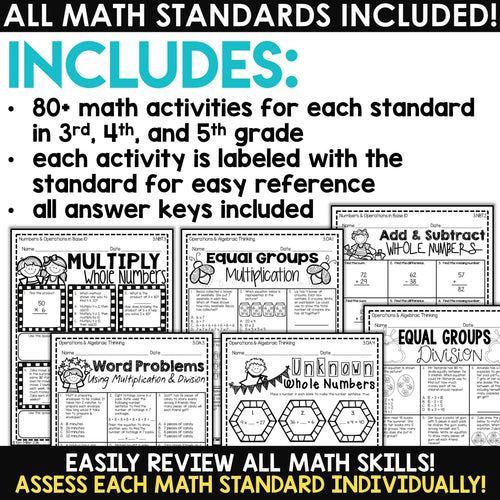 3rd 4th 5th Grade Math Review Packets Summer Math, Homework, Assessments BUNDLE