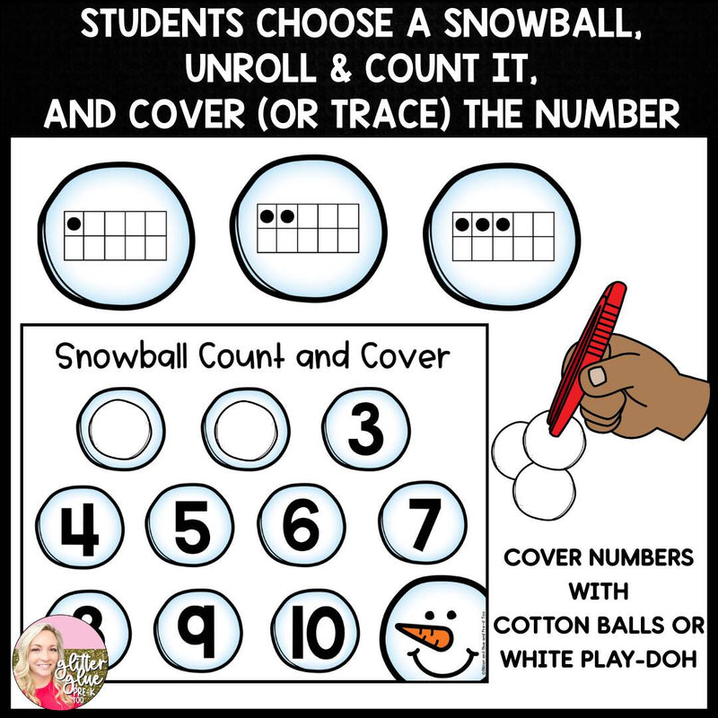 Snowball Count & Cover/Trace | Printable Classroom Resource | Glitter and Glue and Pre-K Too
