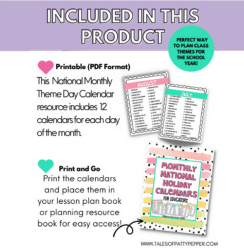 Monthly National Theme Day Calendar Set | Printable Classroom Resource | Tales of Patty Pepper