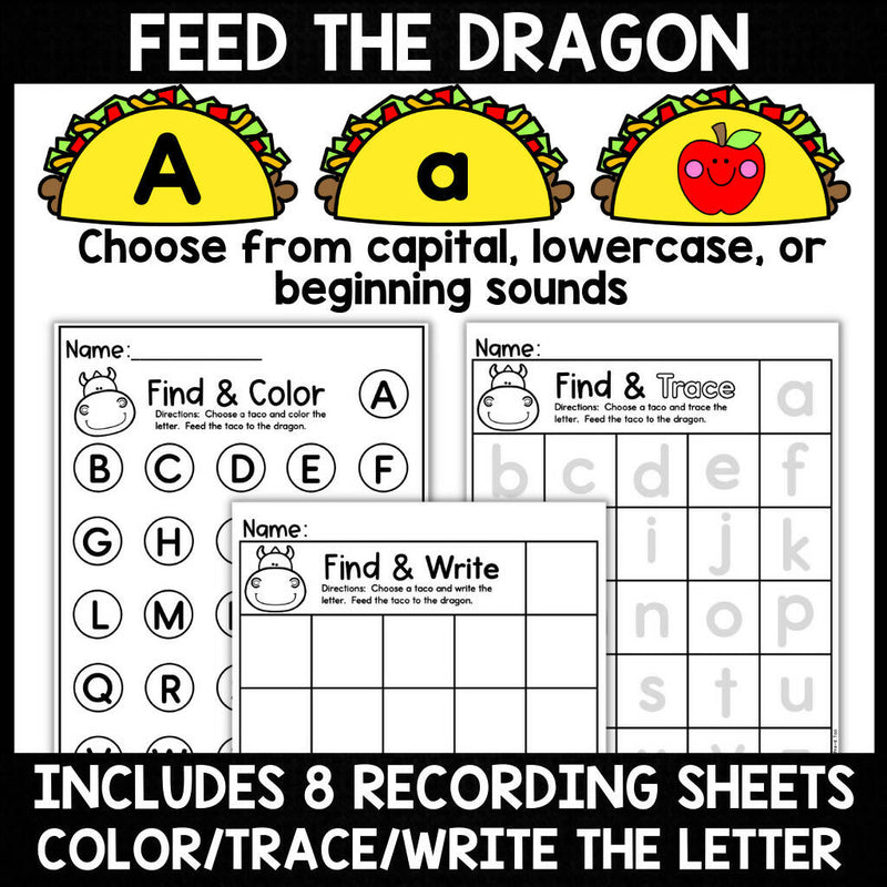 Dragons & Tacos Book Buddy Math & Literacy | Printable Classroom Resource | Glitter and Glue and Pre-K Too